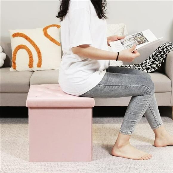 Pink Velvet Storage Ottoman Cube Folding Footstool Seat Box Bench Organizer - Picture 3 of 5